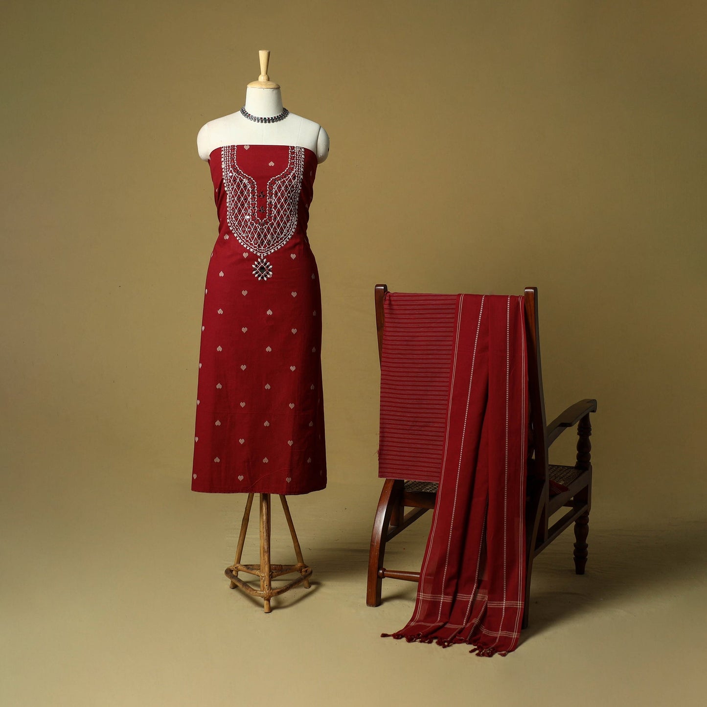 Jacquard mirror work embroidered cotton 3pc unstitched