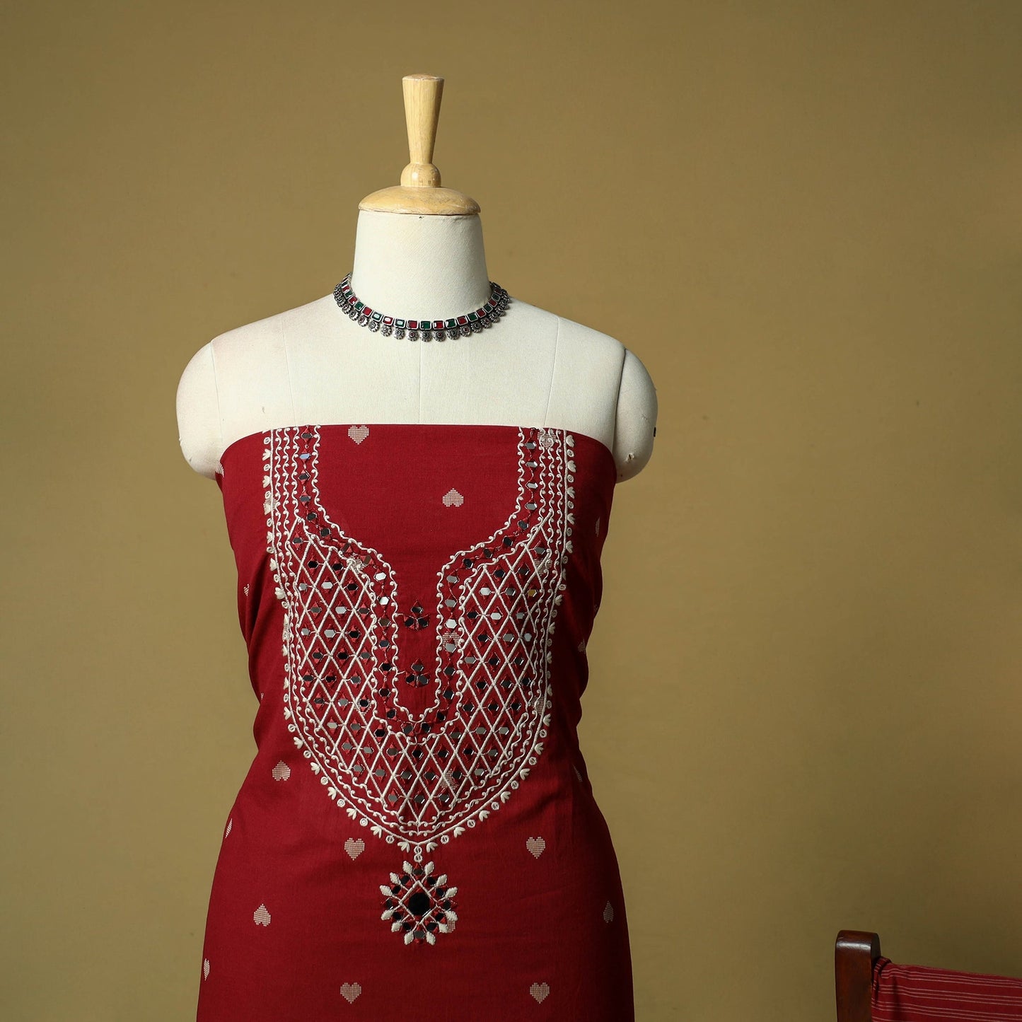 Jacquard mirror work embroidered cotton 3pc unstitched