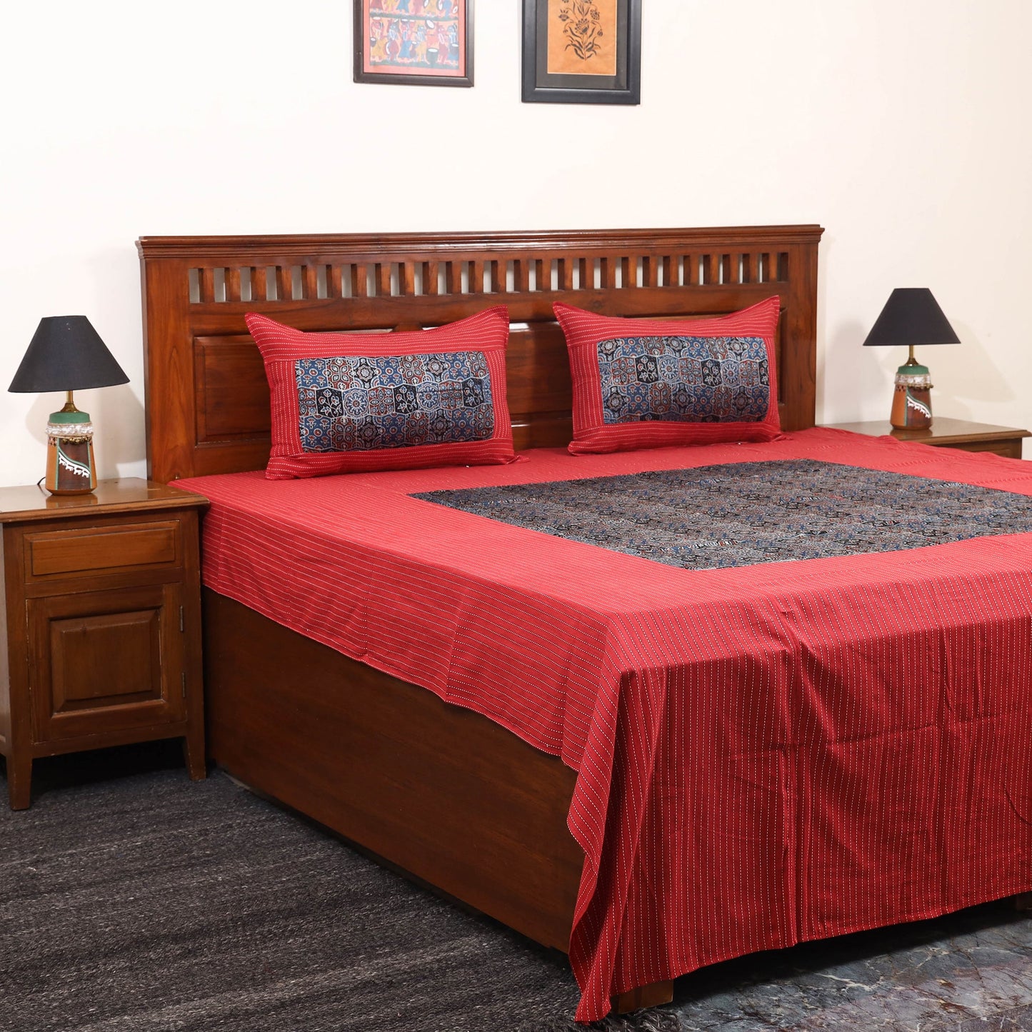 Red - jacquard with modal silk patch cotton bedsheet set 01