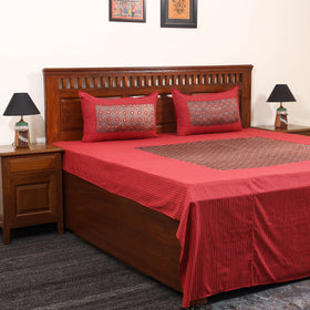 Red Jacquard with Ajrakh Modal Silk Patch Cotton Bedsheet Setred 