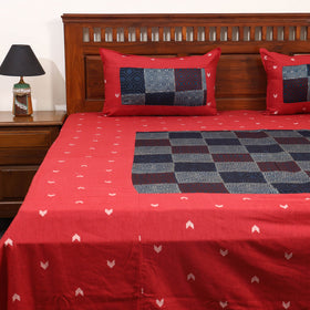 Red Jacquard with Ajrakh Modal Silk Patch Cotton Bedsheet Set