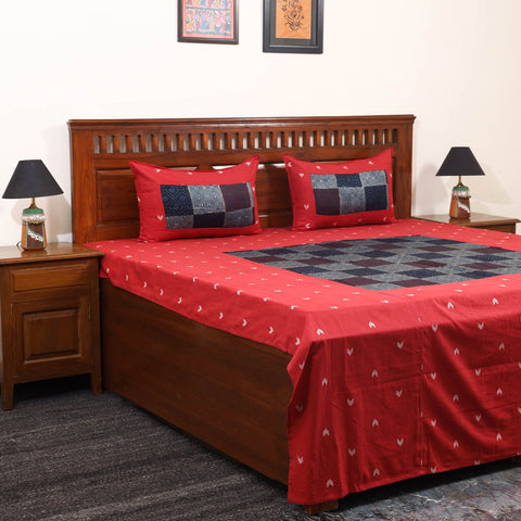 Red Jacquard with Ajrakh Modal Silk Patch Cotton Bedsheet Set