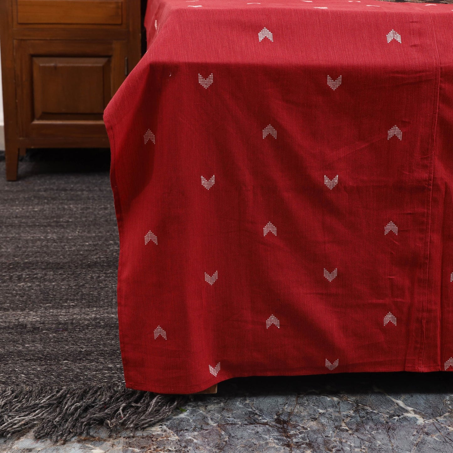 Red Jacquard with Ajrakh Modal Silk Patch Cotton Bedsheet Set