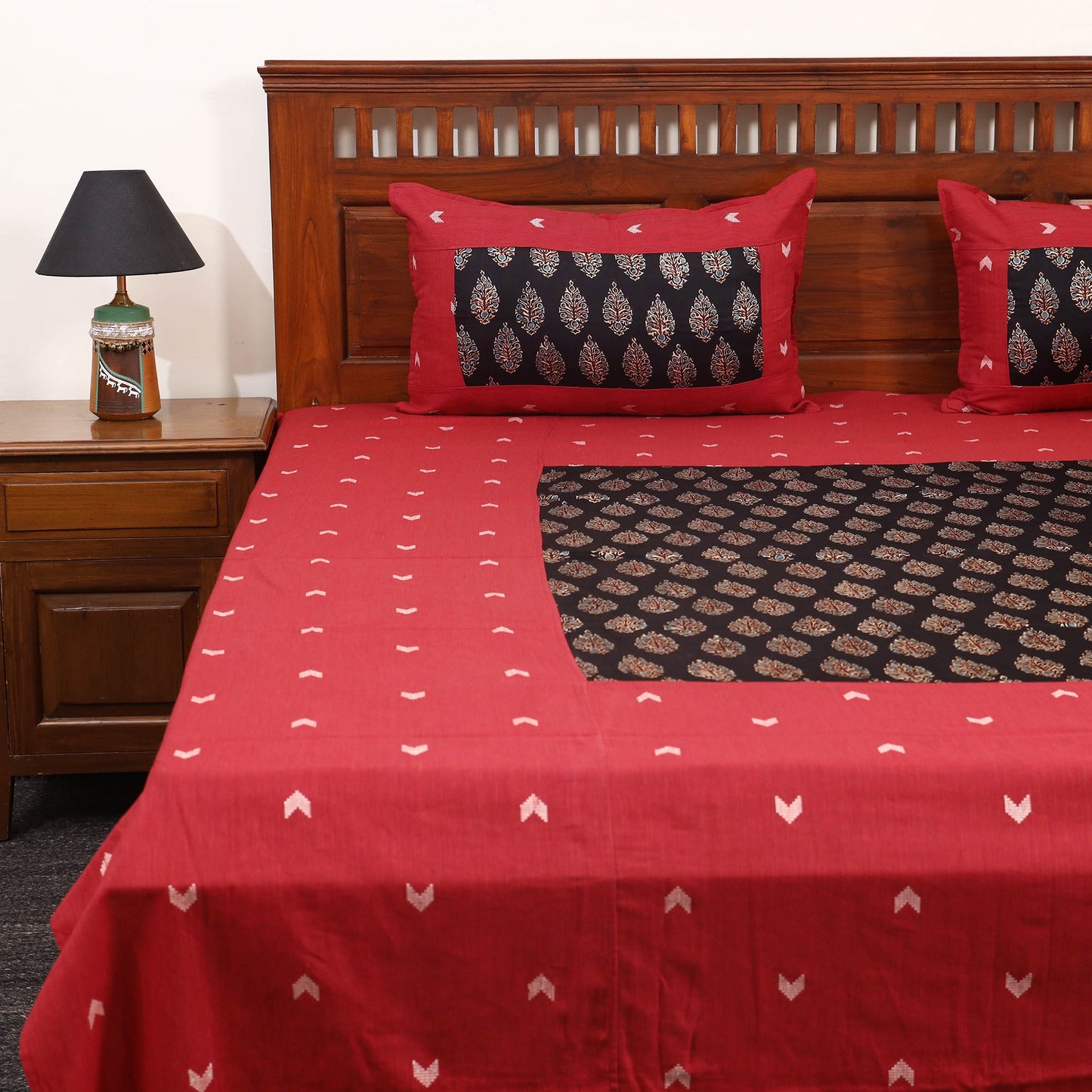 Red Jacquard with Ajrakh Modal Silk Patch Cotton Bedsheet Set