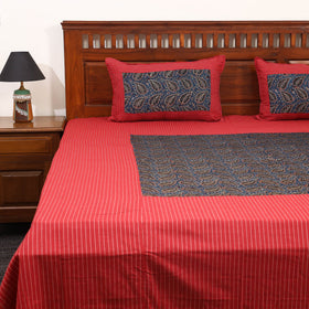 Red Jacquard with Ajrakh Modal Silk Patch Cotton Bedsheet Set