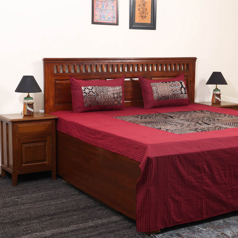 Red Jacquard with Ajrakh Modal Silk Patch Cotton Bedsheet Set