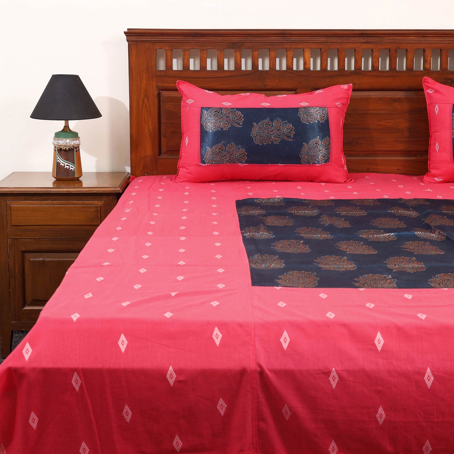 Red - jacquard with modal silk patch cotton bedsheet set 12