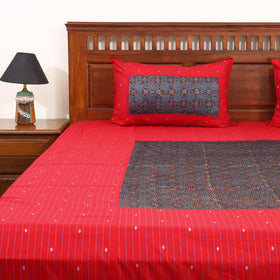 Red Jacquard with Ajrakh Modal Silk Patch Cotton Bedsheet Set