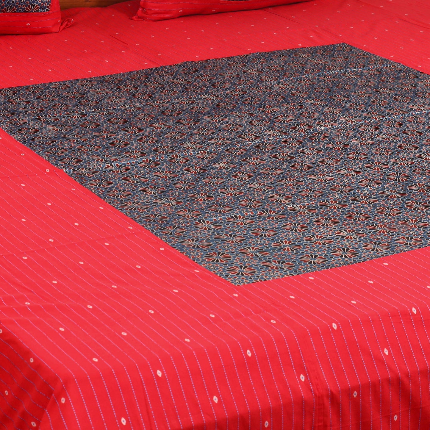 Red Jacquard with Ajrakh Modal Silk Patch Cotton Bedsheet Set