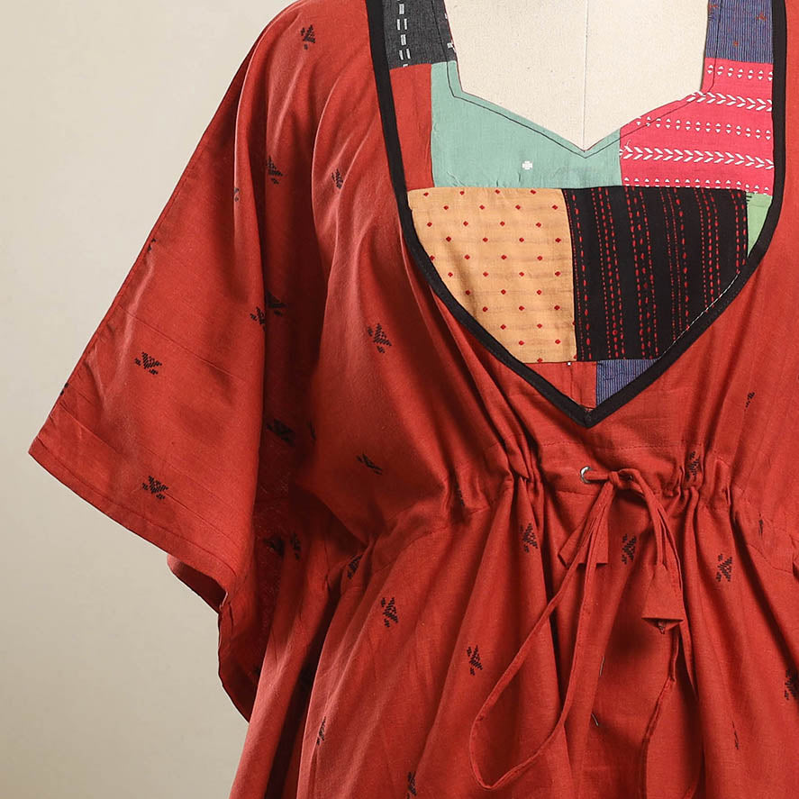 Buy Red Jacquard Mosaic Fusion Cotton Kaftan