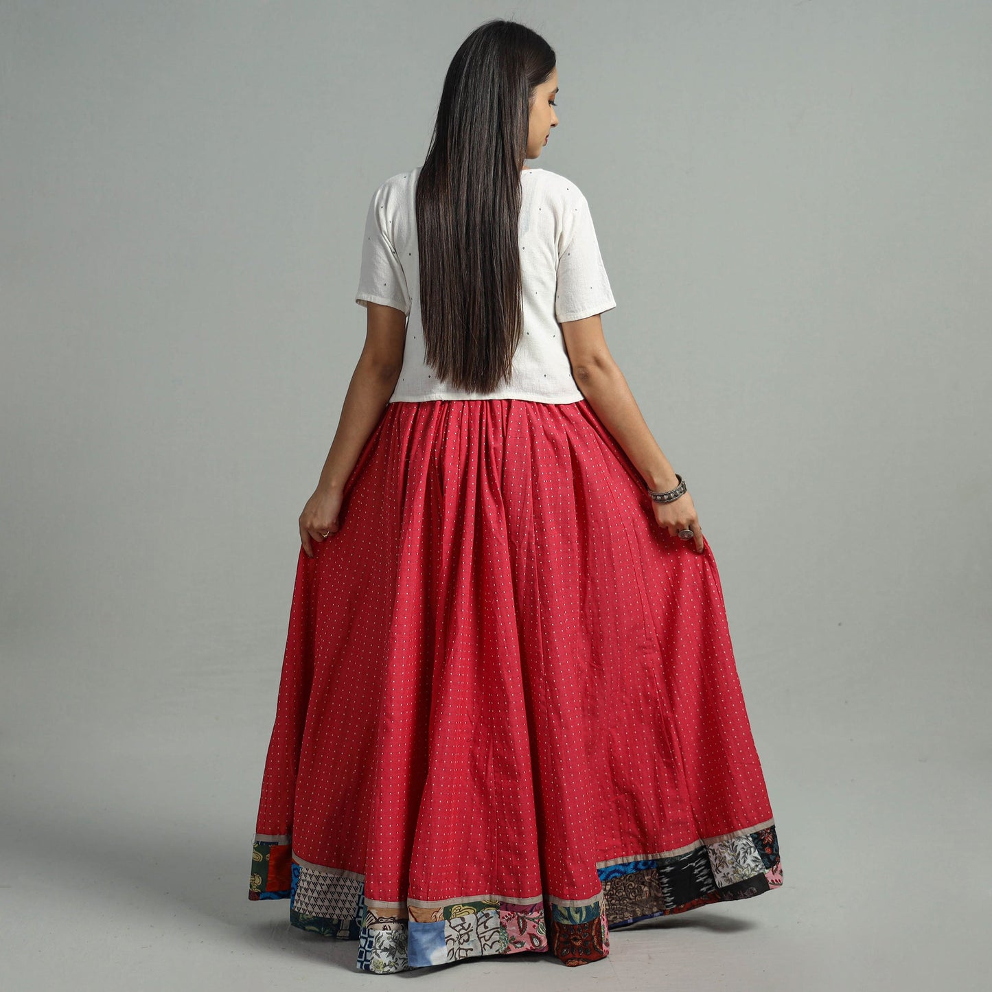 Red - Jacquard Patchwork 24 Kali Cotton Long Skirt 35