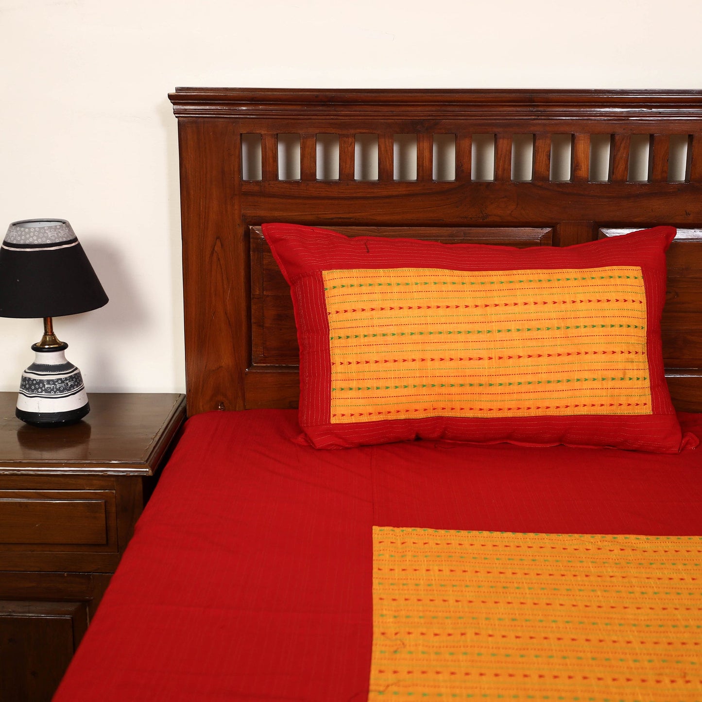 Red - jacquard patchwork cotton double bed cover