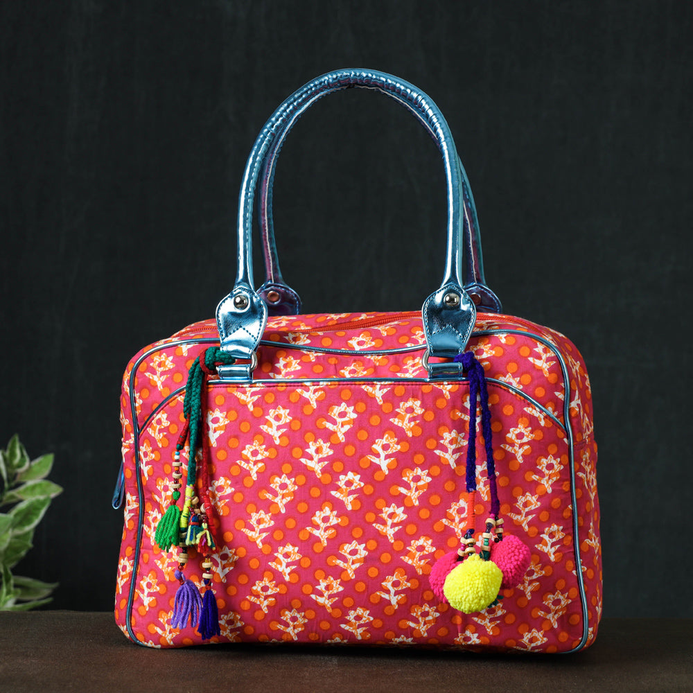 Red Jaipur Multicolour Printed Cotton Handbag with Tassels
