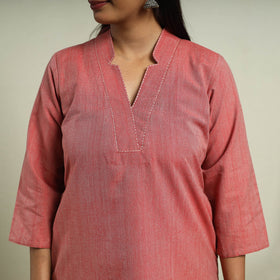 Buy Red Jhiri Handloom Straight Cotton Kurta for Women