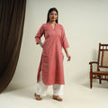 Buy Red Jhiri Handloom Straight Cotton Kurta for Women