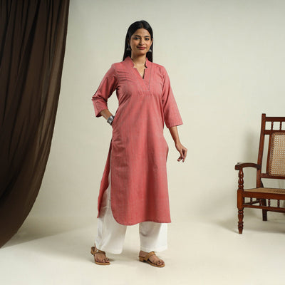 Buy Red Jhiri Handloom Straight Cotton Kurta for Women