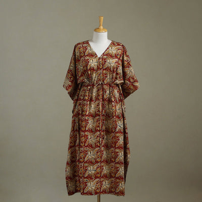 Red Kalamkari Block Print Cotton Kaftan (Long)