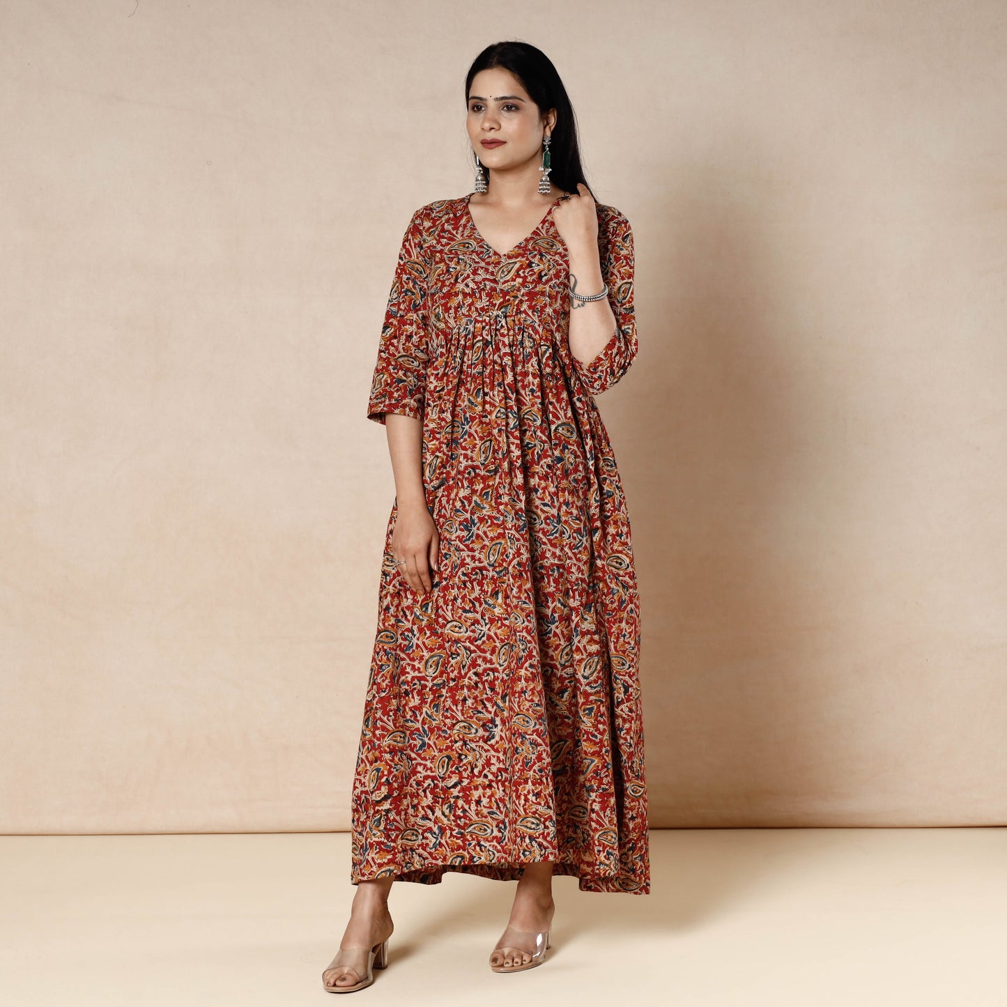 Red - kalamkari block printed cotton flared dress