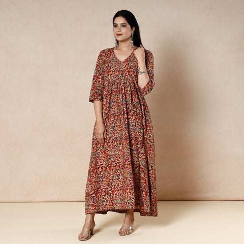 Red - kalamkari block printed cotton flared dress