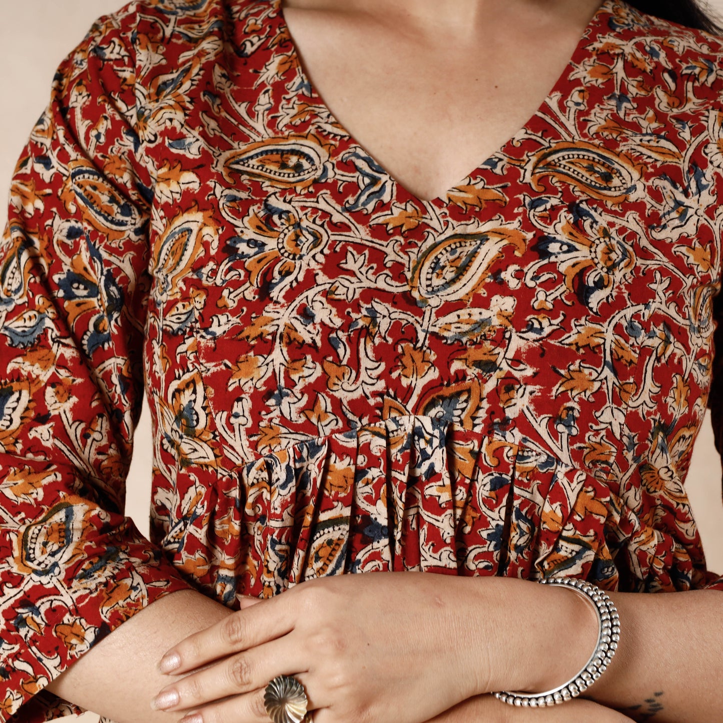 Red - kalamkari block printed cotton flared dress