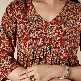 Red - kalamkari block printed cotton flared dress
