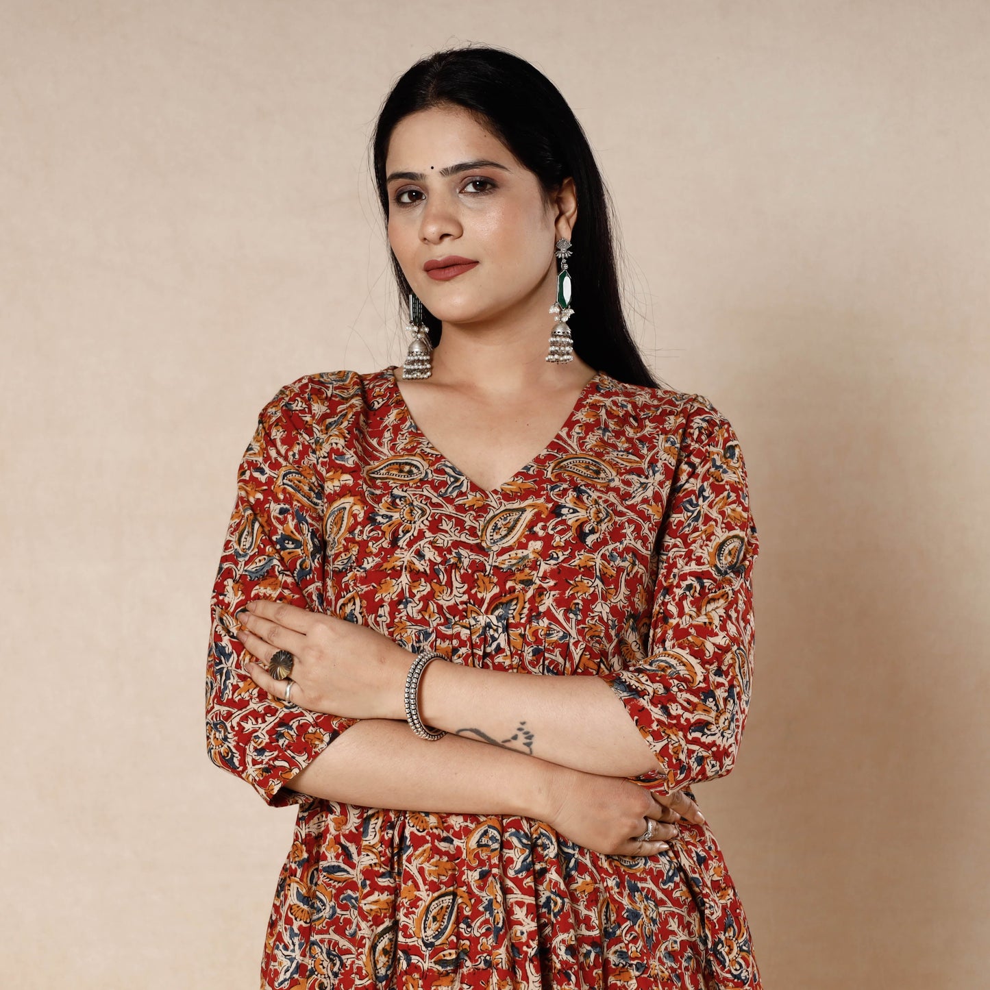 Red - kalamkari block printed cotton flared dress