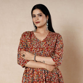 Red - kalamkari block printed cotton flared dress