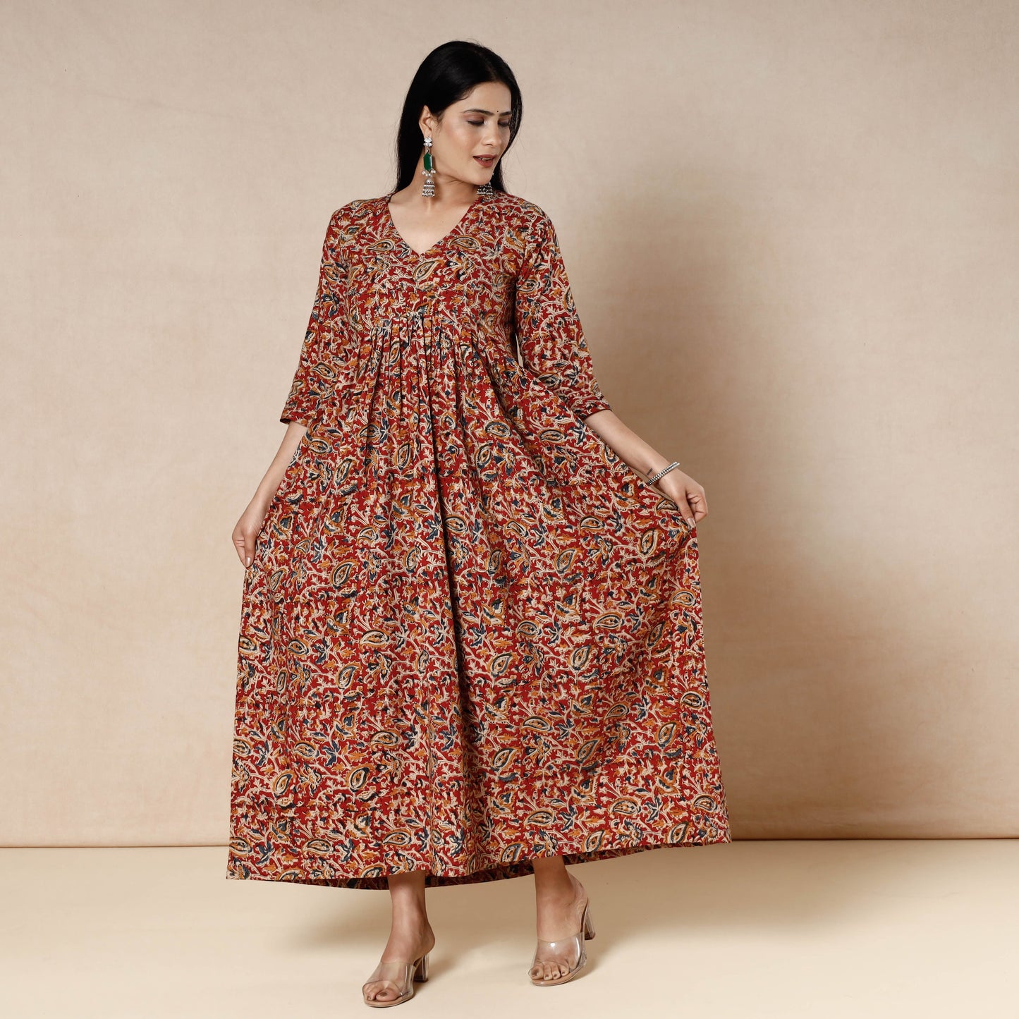 Red - kalamkari block printed cotton flared dress