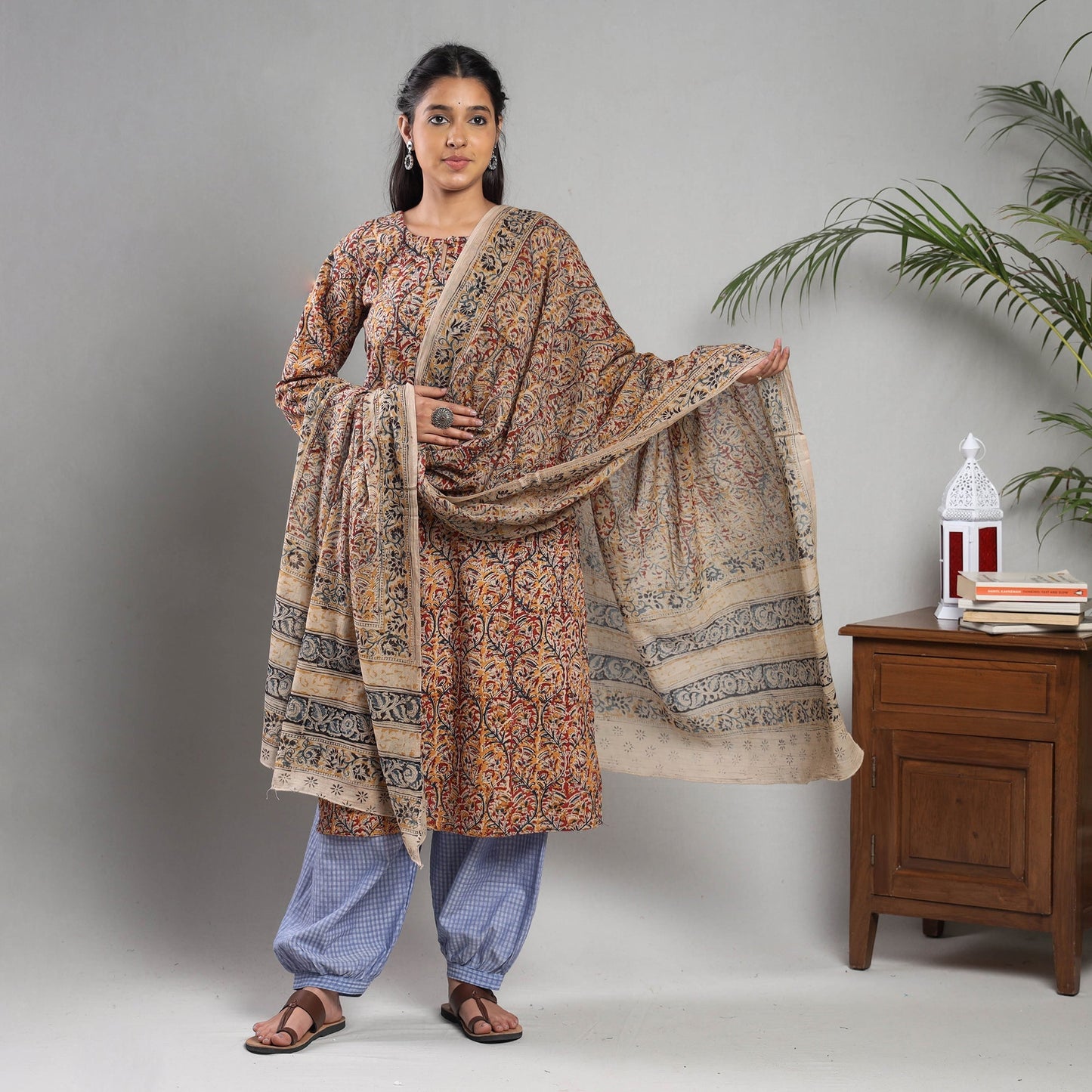   Kalamkari Block Printing Cotton Kurta with Salwar & Dupatta Set Online at iTokri.com