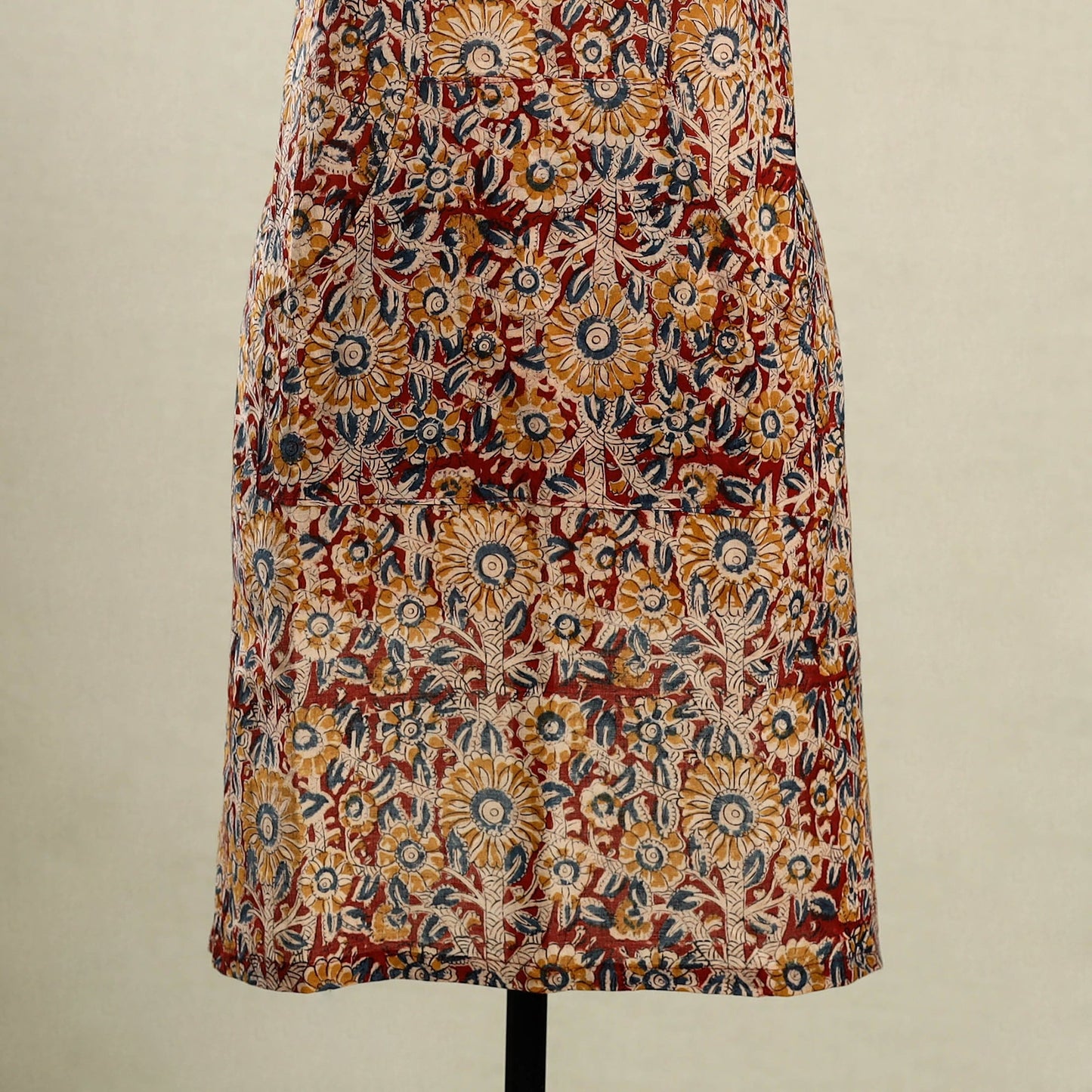 Red Kalamkari Block Print Cotton Apron with Pocket