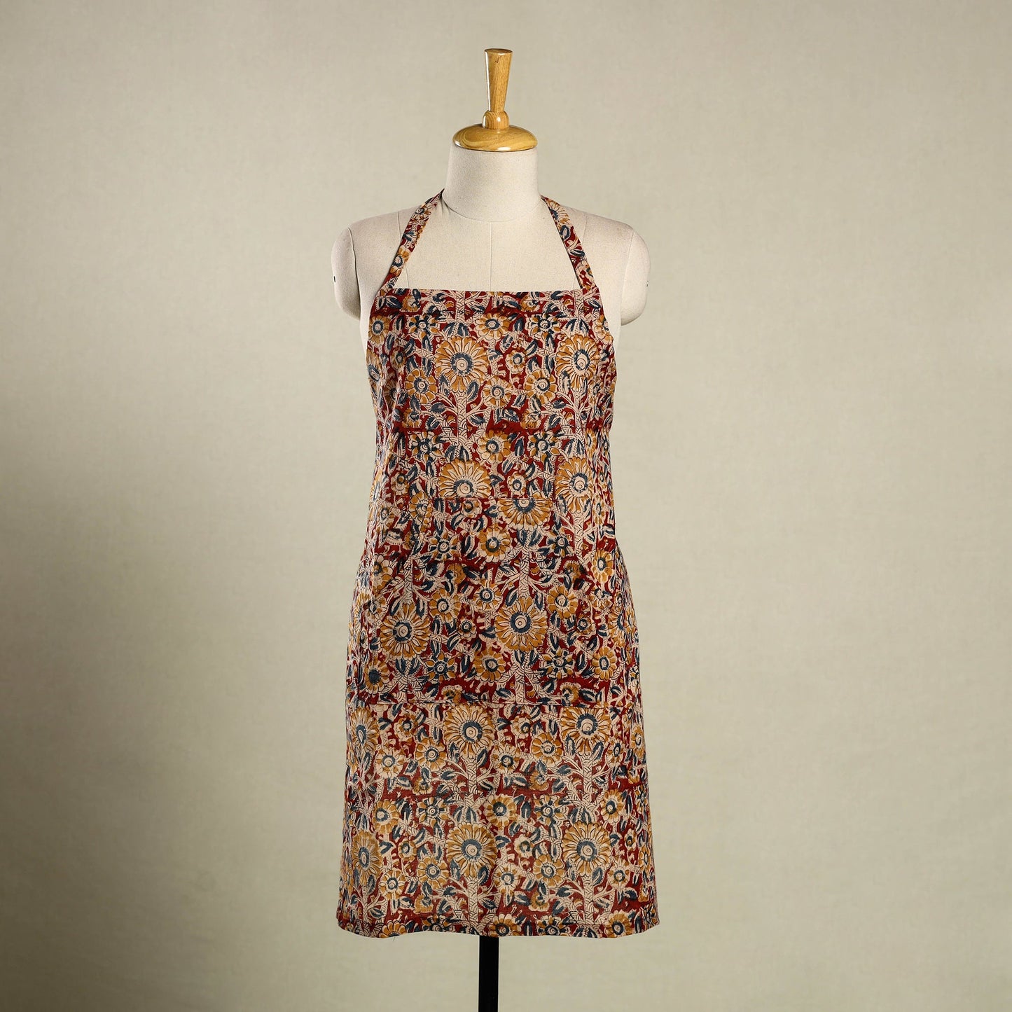 Red Kalamkari Block Print Cotton Apron with Pocket