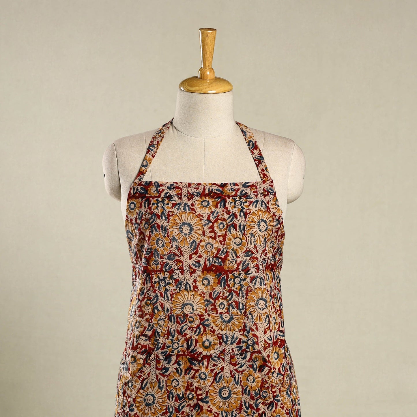 Red Kalamkari Block Print Cotton Apron with Pocket