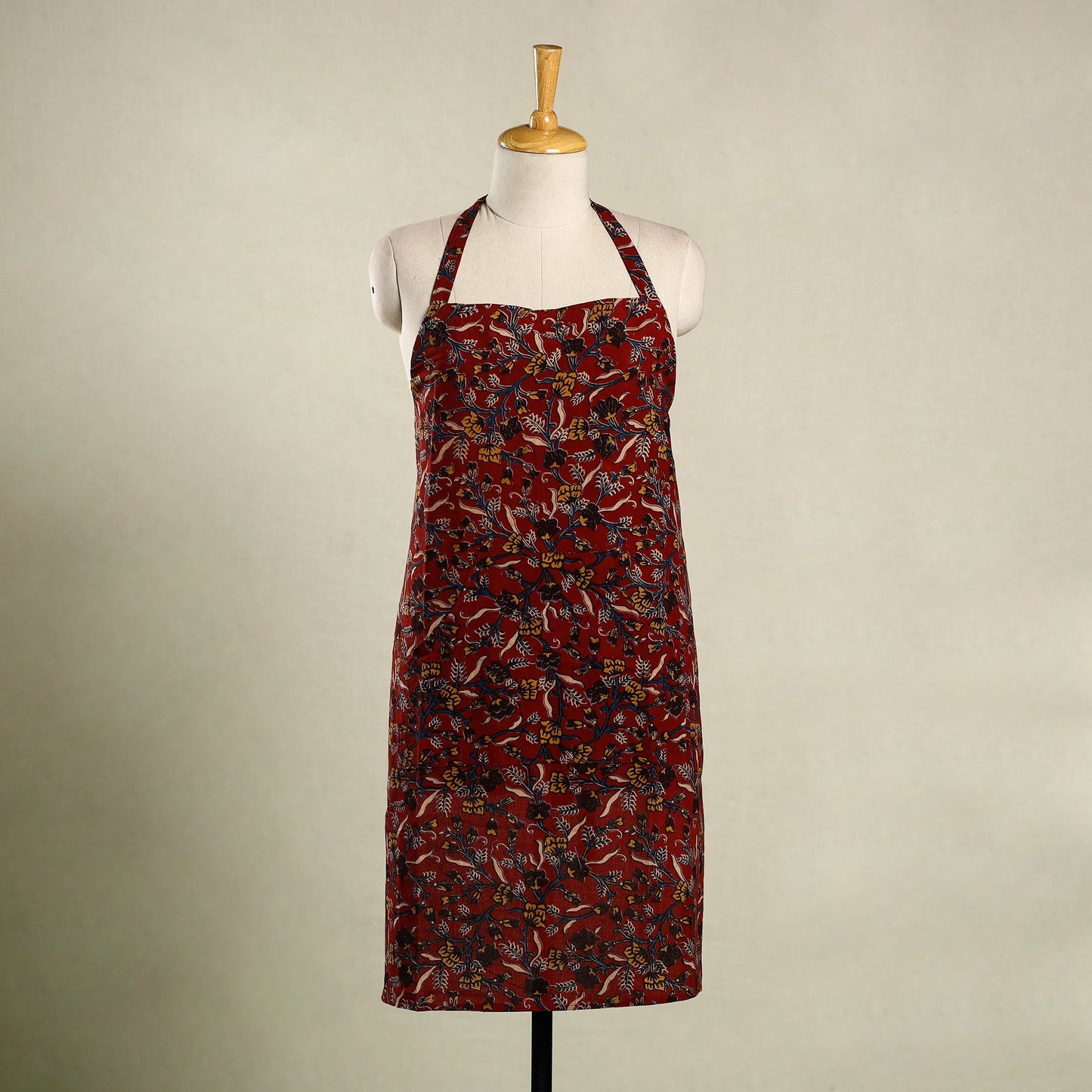 Red - kalamkari cotton apron with pocket 14 - handcrafted