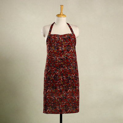 Red - kalamkari cotton apron with pocket 14 - handcrafted