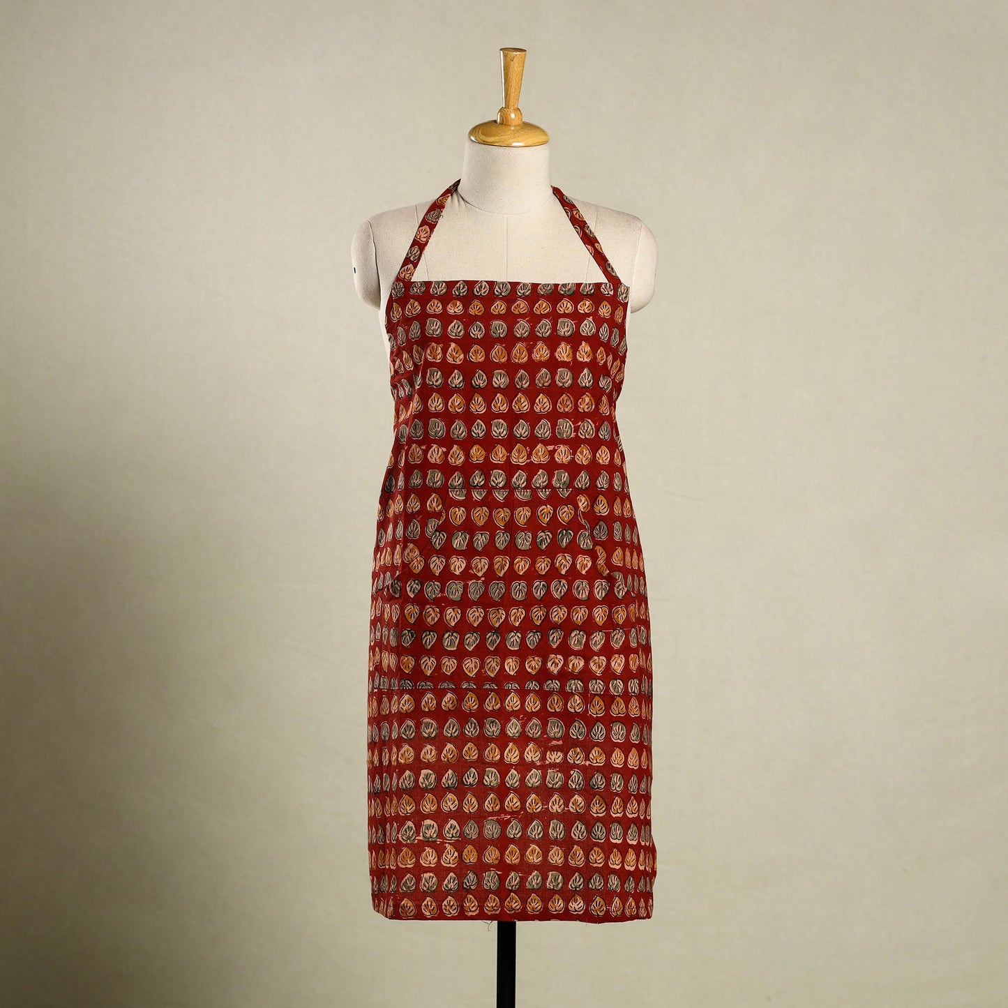 Red Kalamkari Block Print Cotton Apron with Pocket