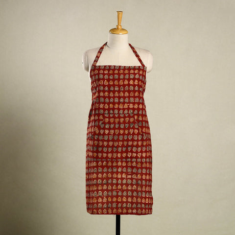 Red Kalamkari Block Print Cotton Apron with Pocket
