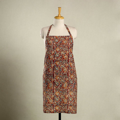 Red Kalamkari Block Print Cotton Apron with Pocket