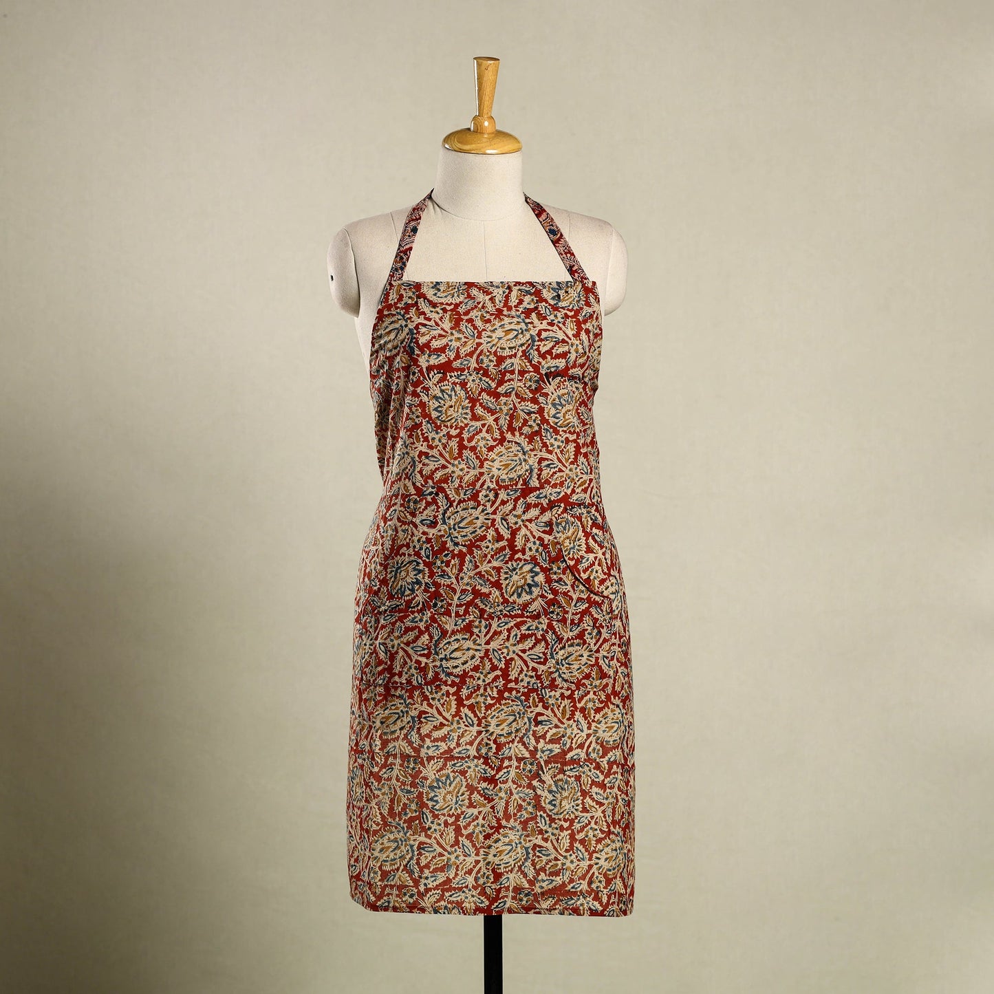 Red Kalamkari Block Print Cotton Apron with Pocket