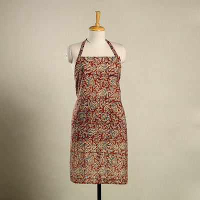 Red Kalamkari Block Print Cotton Apron with Pocket