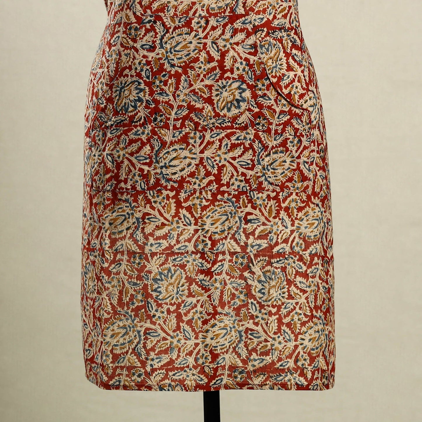 Red Kalamkari Block Print Cotton Apron with Pocket