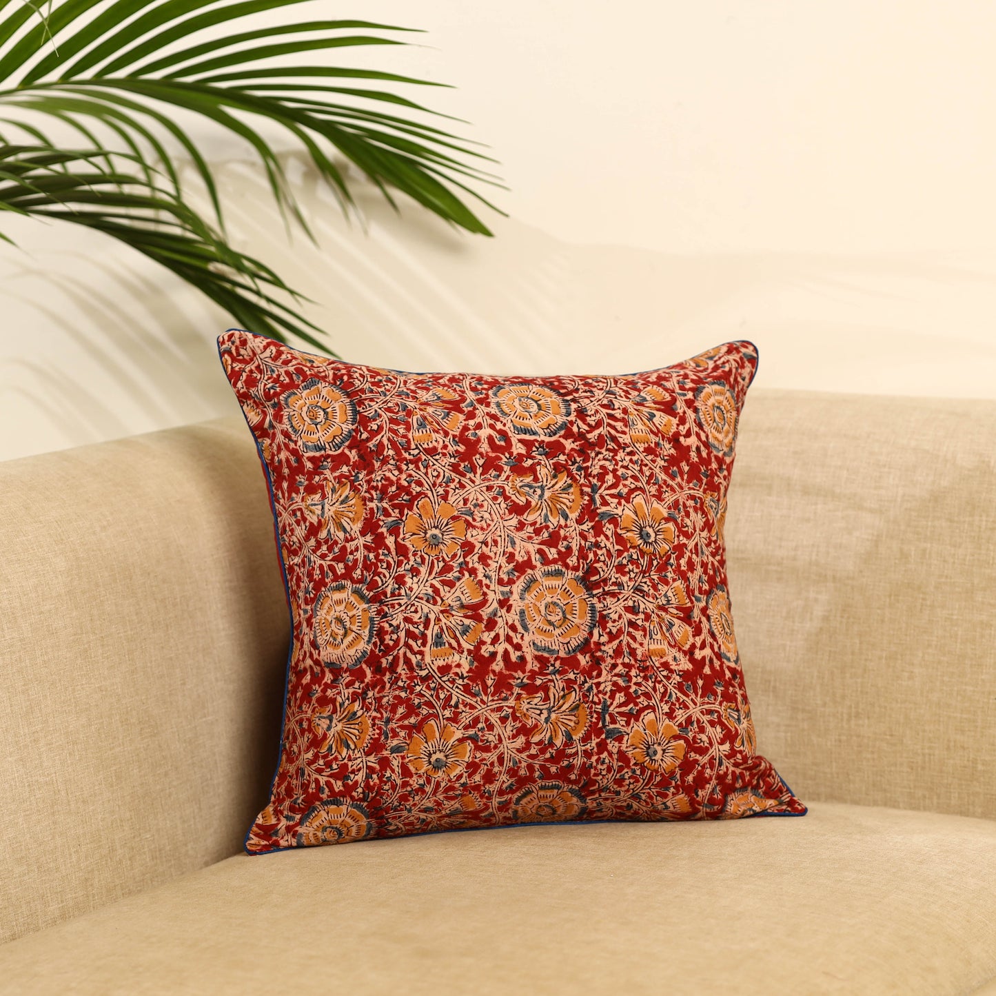  Red Kalamkari Block Print Cotton Cushion Cover
