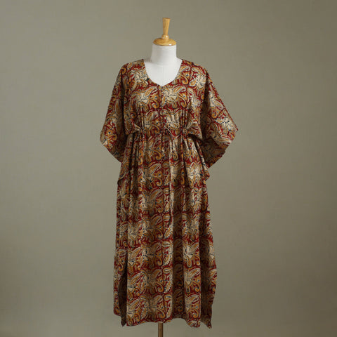 Red Kalamkari Block Print Cotton Kaftan (Long)