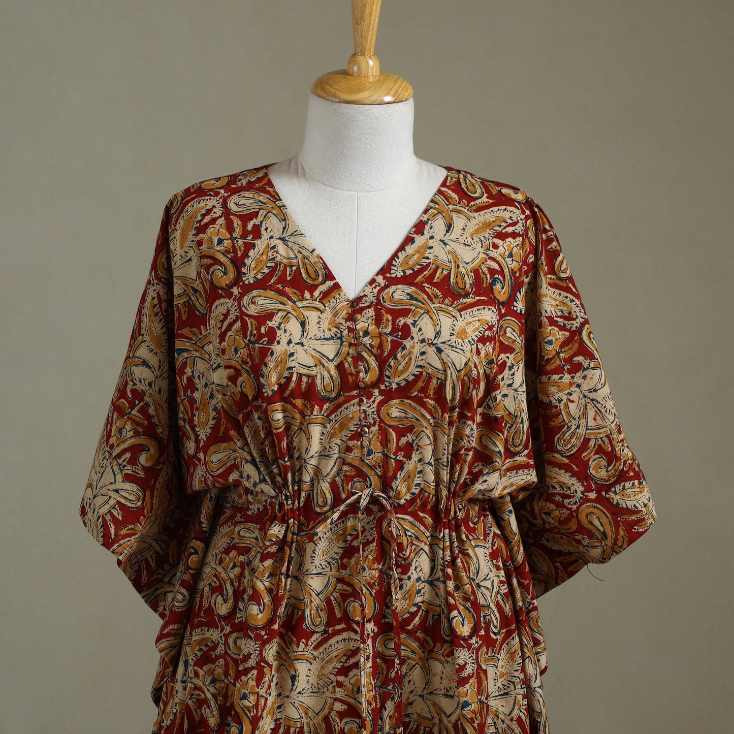 Red Kalamkari Block Print Cotton Kaftan (Long)