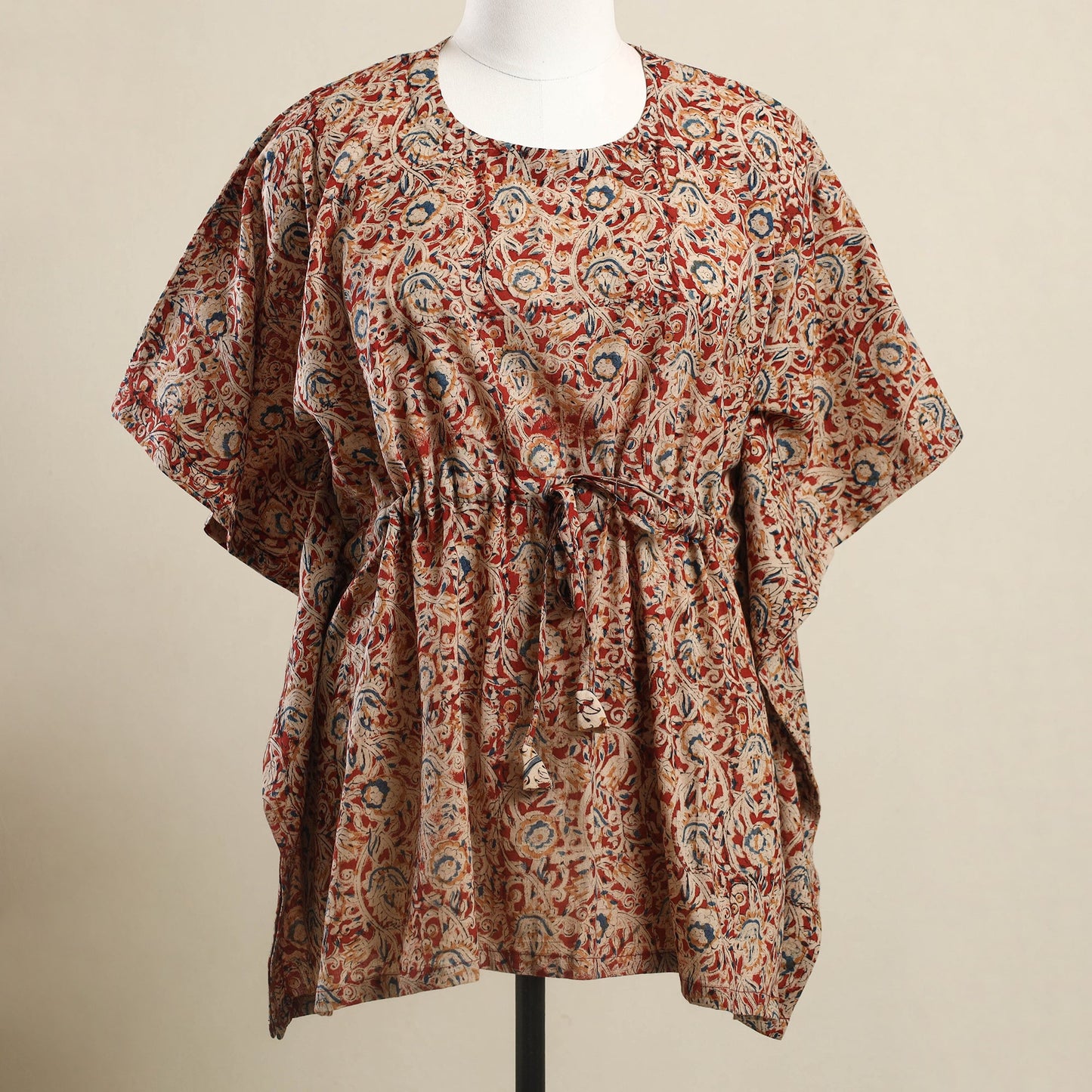  Red Kalamkari Block Print Cotton Kaftan