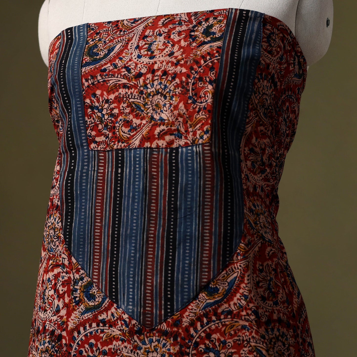 Red Kalamkari Print Cotton Unstitched Kurta Material