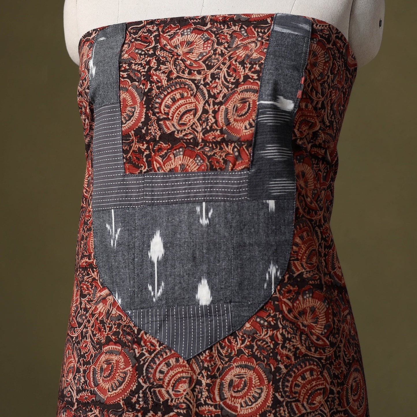 Red Kalamkari Print Cotton Unstitched Kurta Material