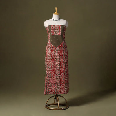 Red Kalamkari Print Cotton Unstitched Kurta Material