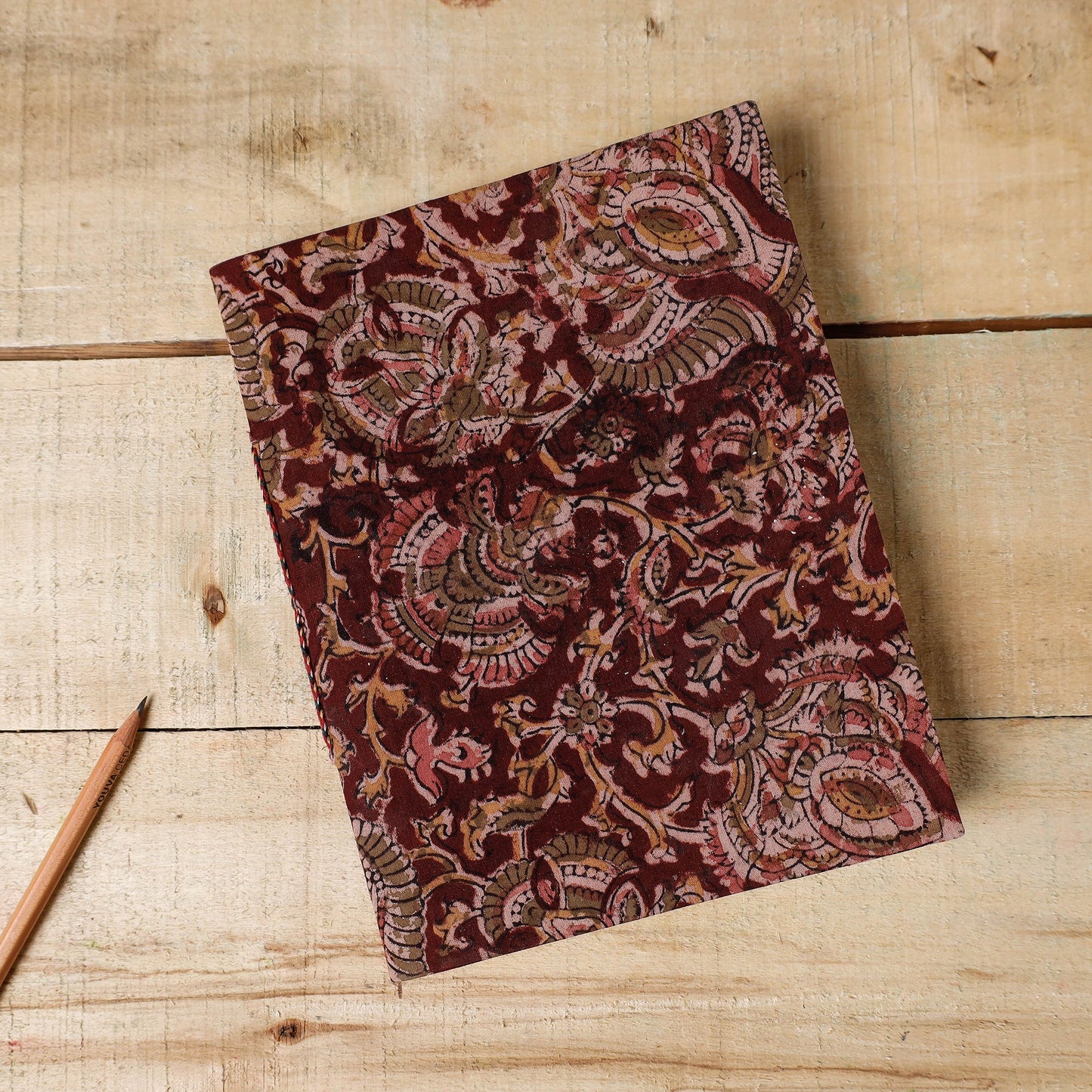 Red - Kalamkari Fabric Cover Handmade Paper Notebook (9 x 7 in)