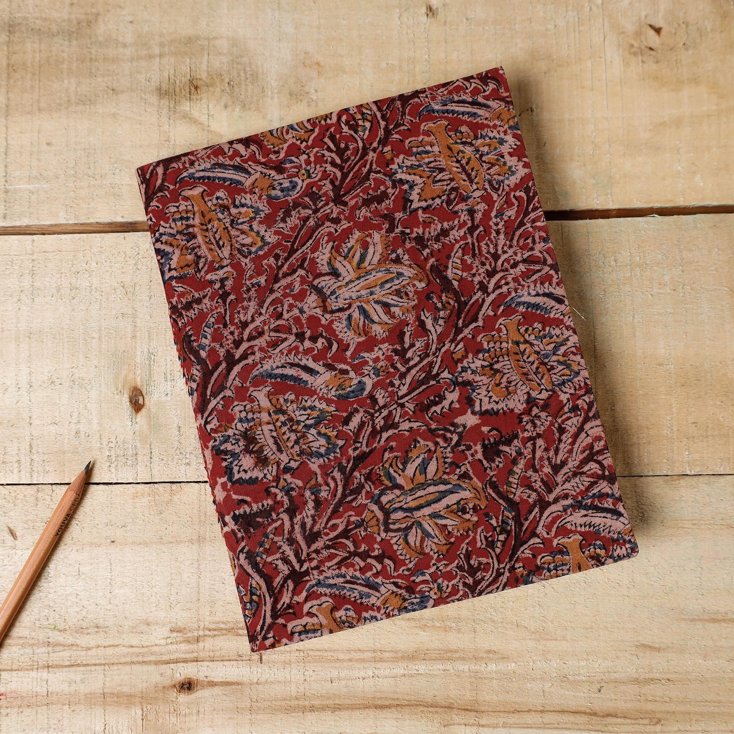 Red - Kalamkari Fabric Cover Handmade Paper Notebook (9 x 7 in)