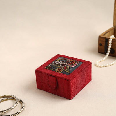 Red Kalamkari Handpainted Ghicha Silk Bangle Box (Small)